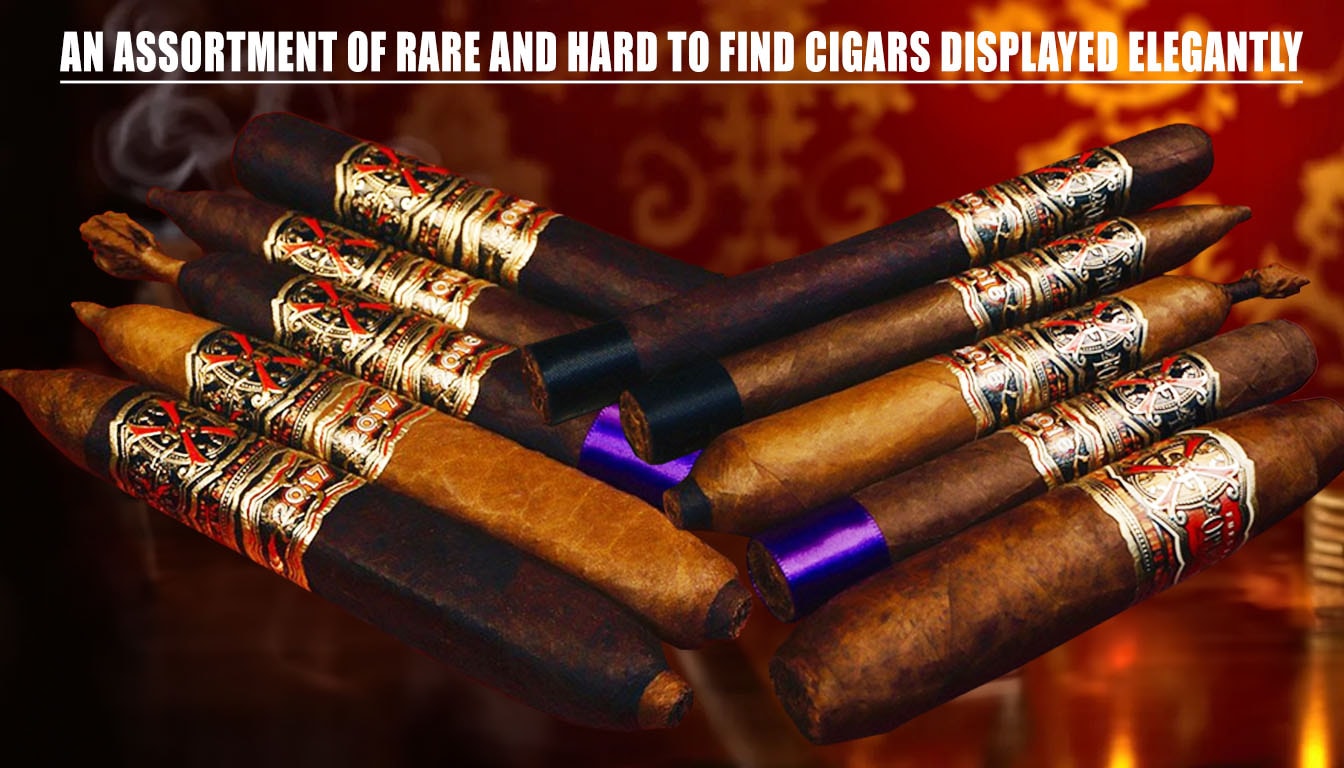 An assortment of rare and hard to find cigars displayed elegantly.