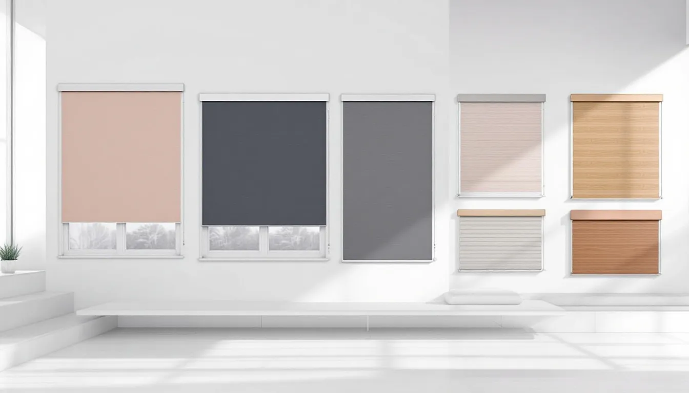A collection of various roller shade types displayed in a bright room.