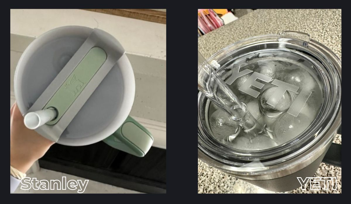 A comparison image of lid and straw design between Stanley and Yeti products, featuring the Stanley vs Yeti branding.