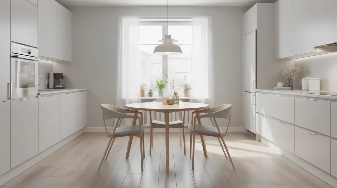 En rund matbord med en diameter på 120 cm står centralt i ett ljust kvadratiskt kök, belyst av en pendellampa ovanför. Runt bordet finns stolar som skapar en inbjudande och funktionell känsla i rummet.