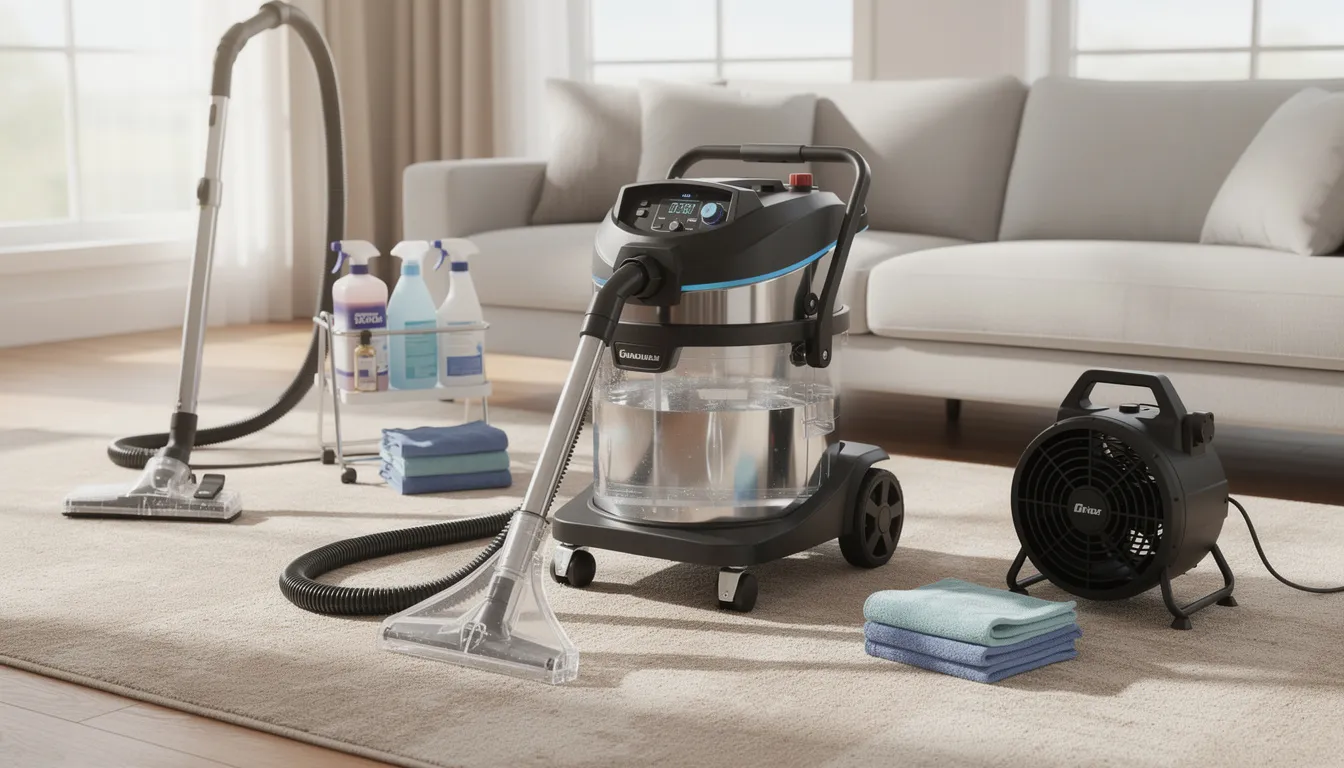 The image depicts professional cleaning equipment, prominently featuring a carpet extractor, set in a home environment. This equipment is essential for maintaining cleanliness, particularly in homes with pets, where cat urine and feces may pose hidden dangers to health, especially for individuals with weakened immune systems.
