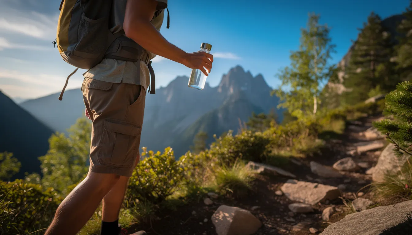 A person is holding a reusable glass water bottle while hiking in nature, surrounded by majestic mountains and a clear blue sky. This eco-friendly choice, unlike plastic bottles, supports sustainable living and helps reduce plastic waste while ensuring pure hydration.