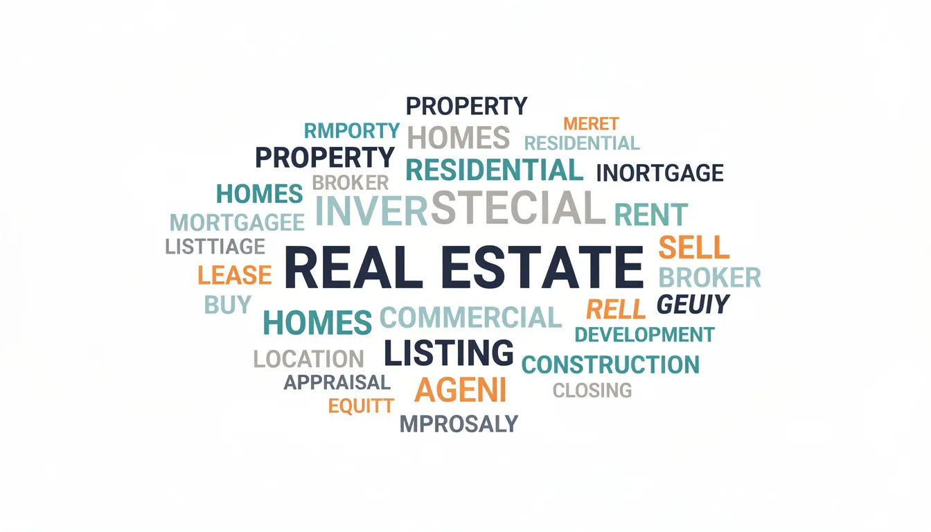 The image features a collection of keywords related to the real estate industry, including terms like "real estate website," "SEO tools," and "WordPress plugins." These keywords highlight key features and tools essential for real estate professionals, emphasizing the importance of website builders like Wix and WordPress in creating effective online platforms for property listings and marketing.