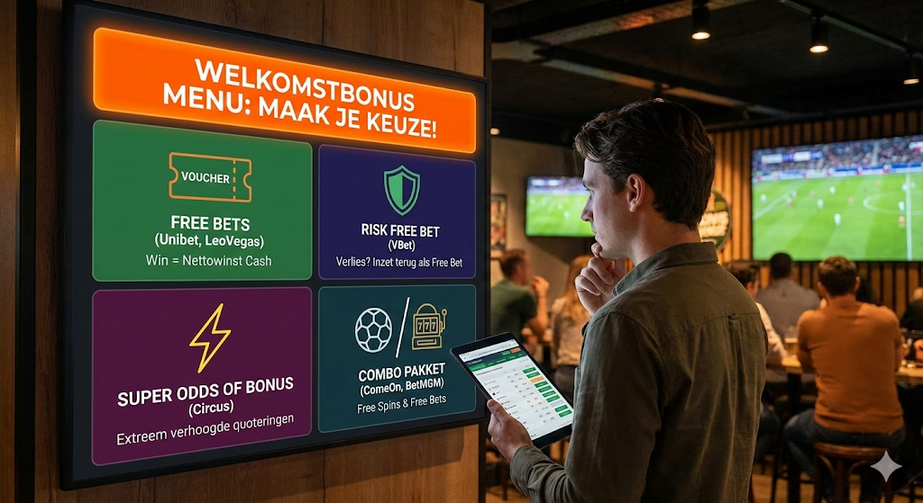 Overzicht van welkomstbonus opties bij legale online bookmakers in Nederland, zoals free bets van Unibet en LeoVegas, risk free bet van Vbet, super odds van Circus en combi pakket van ComeOn en BetMGM, voorbeeld van online weddenschappen met odds boosts en beste odds onder toezicht van de Nederlandse Kansspelautoriteit sinds 2021.