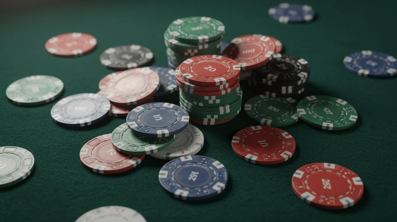 Das Bild zeigt eine Vielzahl von bunten Casino-Chips, die dekorativ auf einer grünen Spielfläche verteilt sind. Diese Chips repräsentieren das aufregende Spielerlebnis in Online-Casinos, wo Spieler an Live-Spielen teilnehmen und ihre Einsätze platzieren können.
