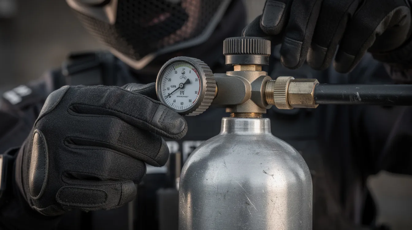 A close-up image of an airsoft player carefully adjusting the regulator on an aluminium air tank, which is part of their HPA system for achieving consistent FPS during gameplay. The setup showcases the intricacies of high-pressure air tanks designed for optimal performance in airsoft rifles.