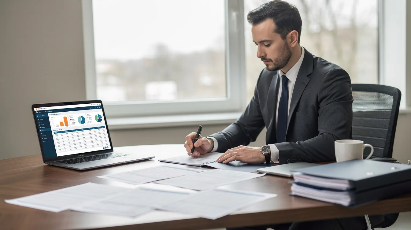 A professional is seated at a desk, focused on reviewing loan documents while using a laptop. The scene suggests a detailed examination of financial information, possibly related to 免 tu 貸款 or other loan applications.