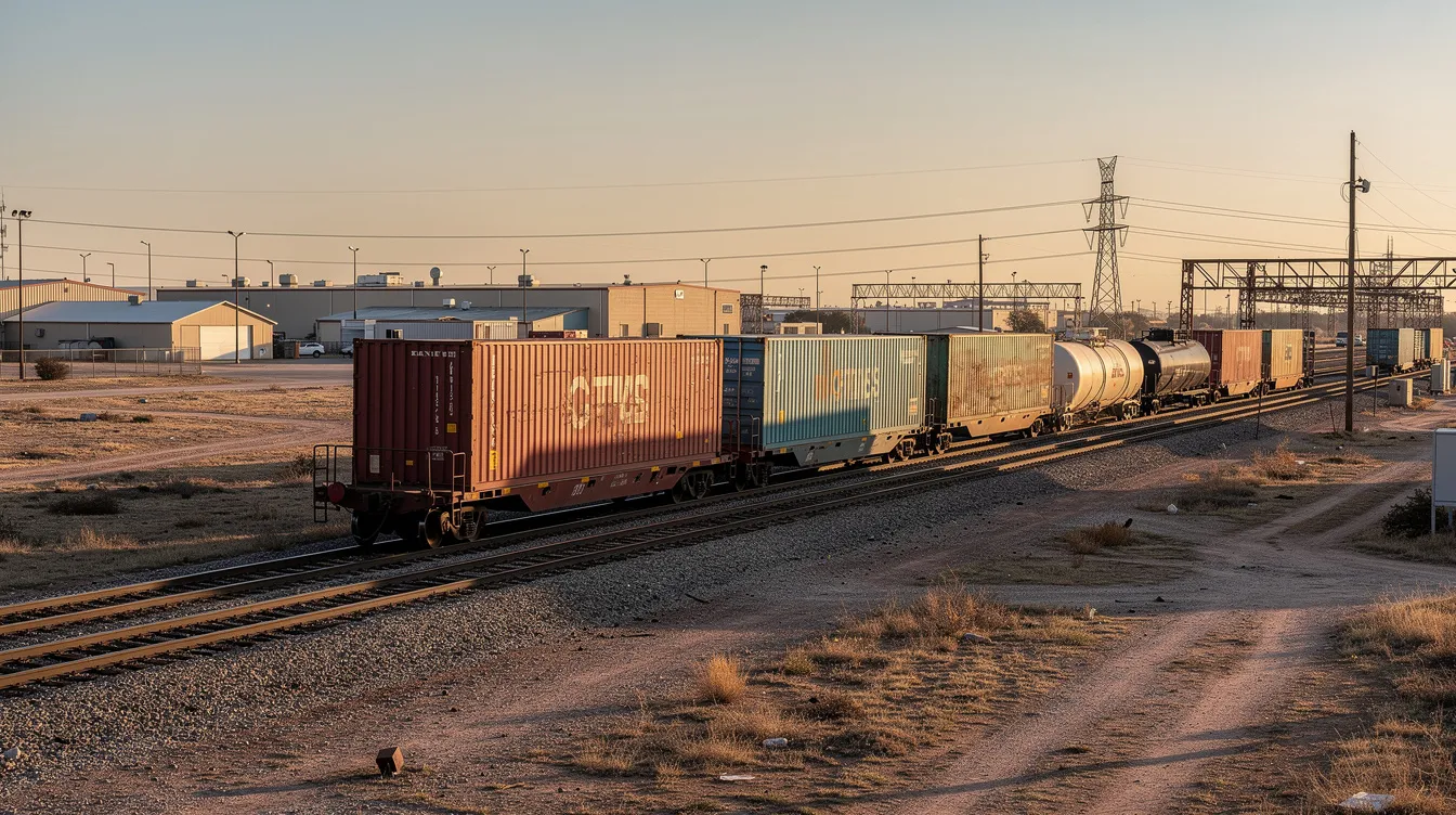 A freight train is traveling along industrial tracks in Texas, surrounded by warehouses and machinery that highlight the region's railway industry. This image reflects the importance of trains in transporting goods, but also serves as a reminder of the potential risks and accidents associated with rail transport.