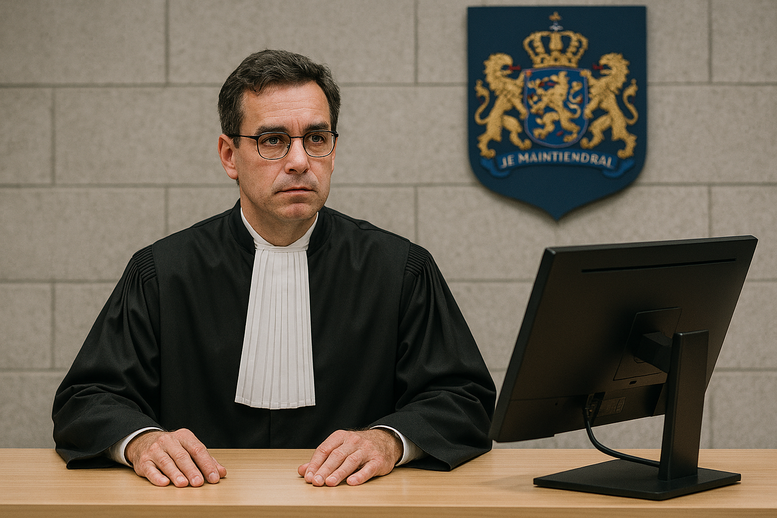 Een rechter spreekt een vonnis uit in de rechtszaal, waarbij hij de gevolgen van identiteitsfraude en de strafbare feiten die hiermee gepaard gaan bespreekt. De rechter benadrukt het belang van het doen van aangifte bij het centraal meldpunt identiteitsfraude om slachtoffers te helpen hun gestolen persoonsgegevens te herstellen.