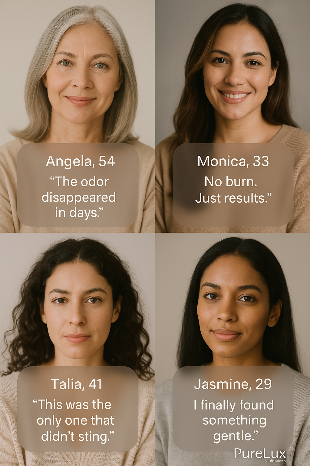 Collage of diverse women across different ages, each with a short testimonial quote overlaid, representing real experiences with PureLux Natural