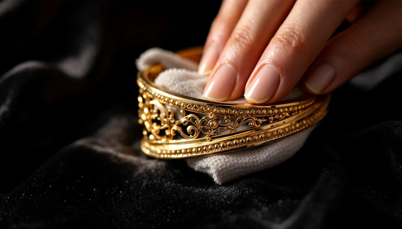 A close-up of a gold plated bracelet being cleaned with a soft cloth.
