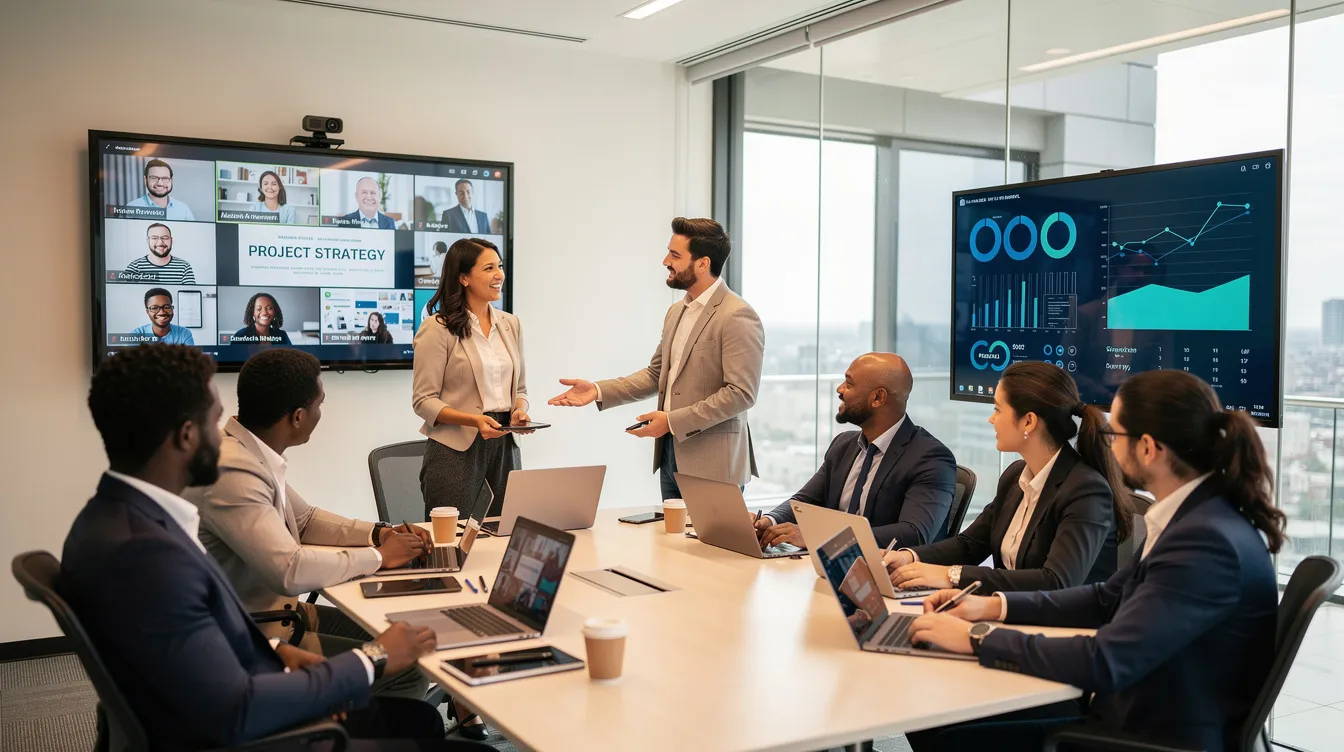 A group of diverse professionals engaged in a collaborative discussion within a modern hybrid meeting room, equipped with screens and laptops. Their interaction showcases various communication styles, emphasizing teamwork and effective communication skills in a meeting.
