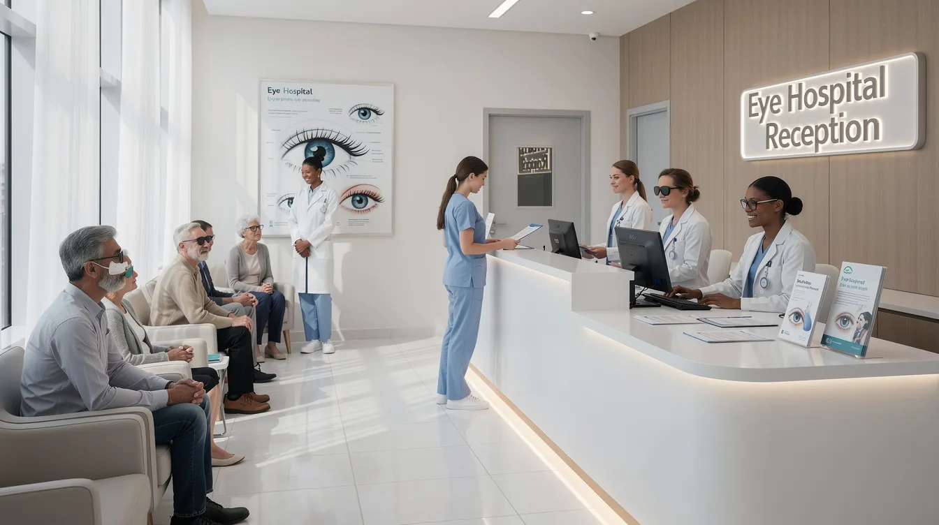 0fb171ed fd52 4e75 bdf2 82203a6c25eb The image shows a modern eye hospital reception area bustling with patients waiting for their appointments, while medical staff efficiently manage the front desk. This setting highlights the importance of patient flow and comprehensive eye care services in ensuring a high-quality experience for individuals seeking eye health solutions.