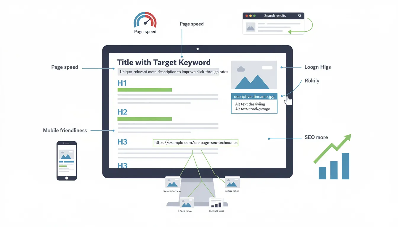 The image illustrates various on-page SEO techniques, including the strategic placement of target keywords in title tags, headers, and body content, as well as the importance of writing unique meta descriptions to enhance click-through rates. Additionally, it highlights the use of header tags for content structure and the optimization of images with descriptive alt text to improve search engine rankings and user experience.