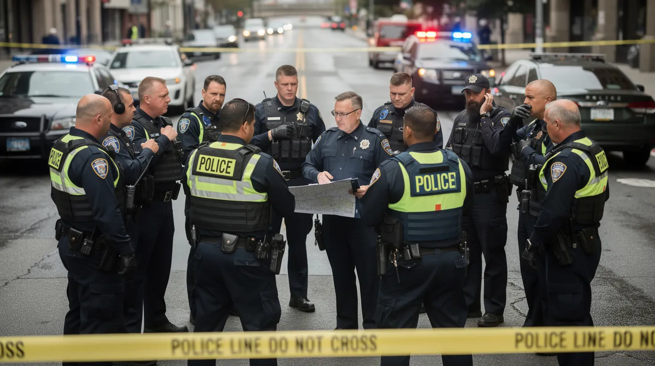 The image depicts police officers from various law enforcement agencies, including the New Jersey State Police, conducting a joint operation outdoors. They are engaged in activities aimed at addressing gun violence and ensuring compliance with New Jersey's strong gun laws, which include regulations on firearms ownership and background checks.