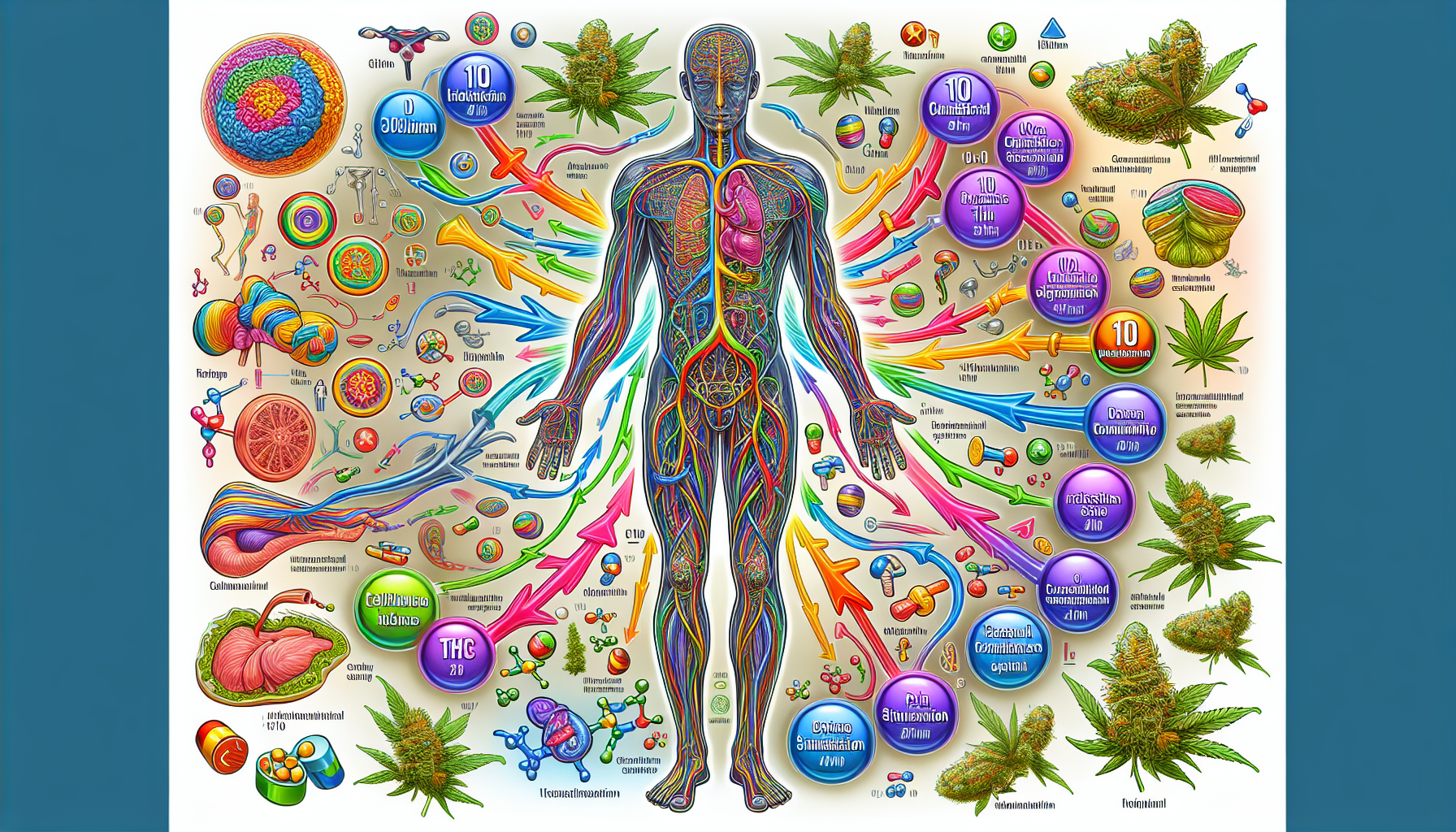 A drawing illustrating the effects of 10-OH-THC on the human endocannabinoid system.