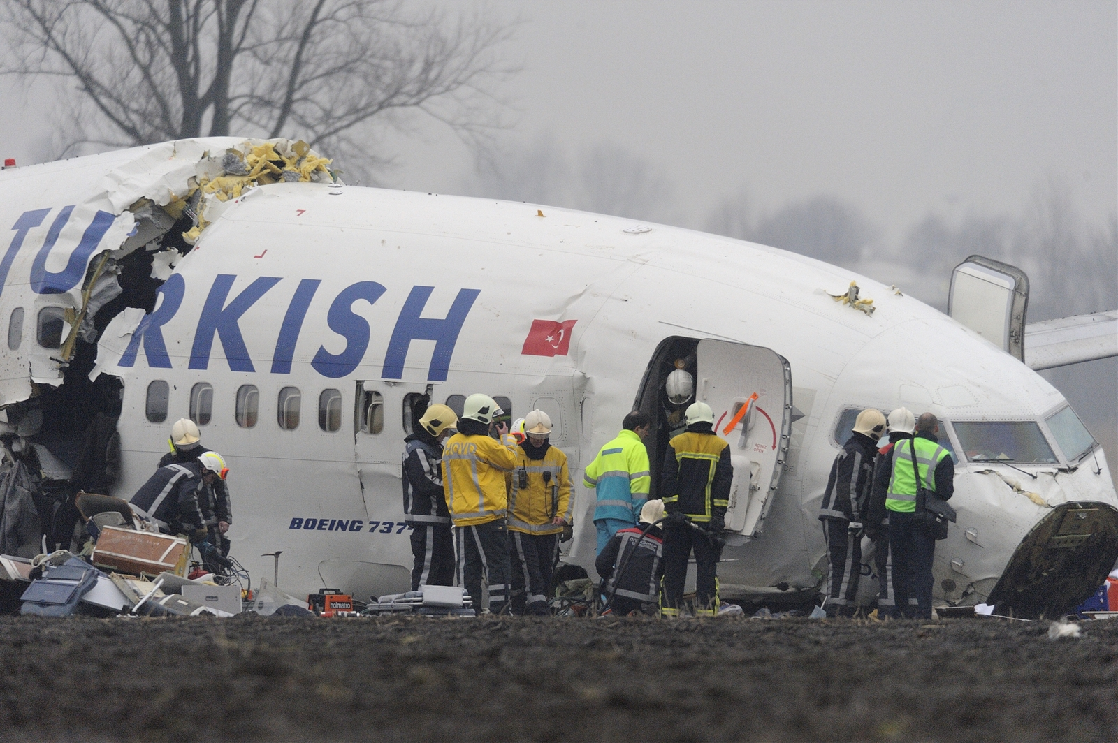 Rescue crew is working on a crashed aircraft from Turkish Airlines