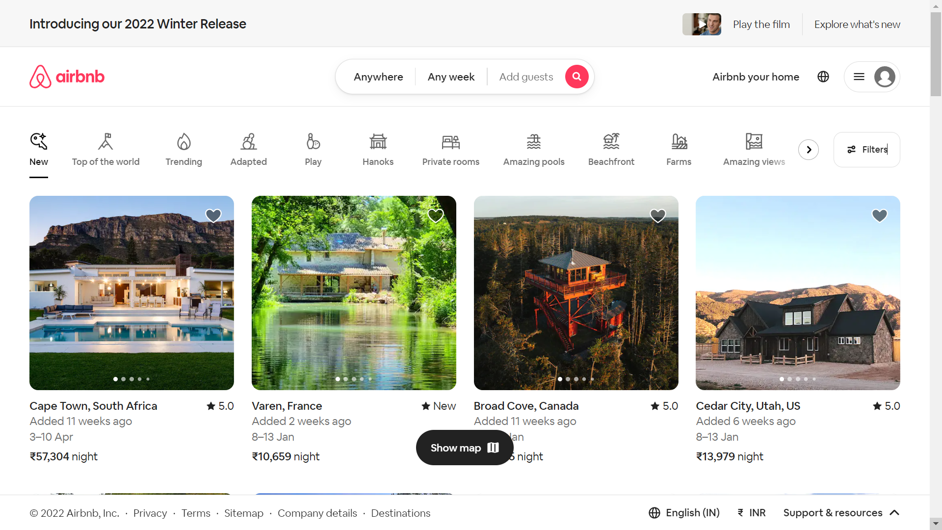 A screenshot of wide variety of stay options available on Airbnb's website