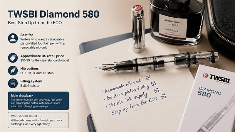 TWSBI Diamond 580 piston fountain pen with transparent ink reservoir, removable nib unit, and upgraded writing features