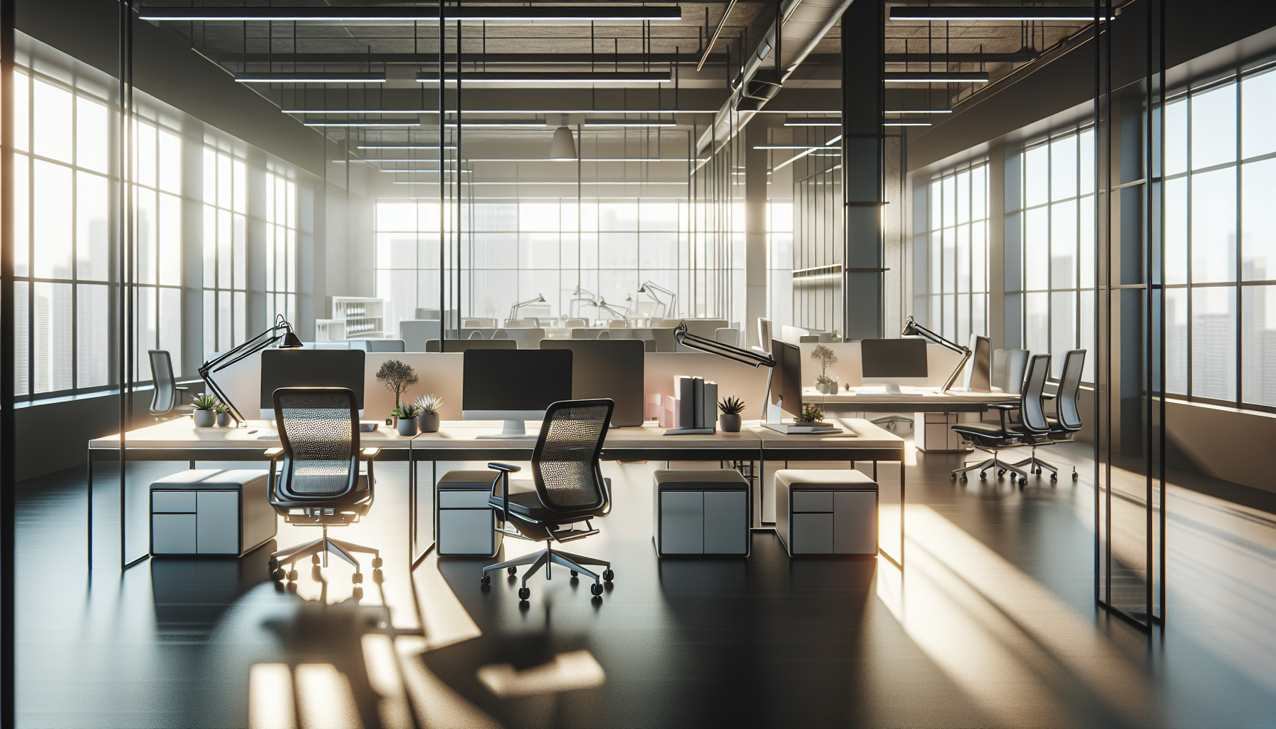 Illustration of a modern office space with assembled furniture