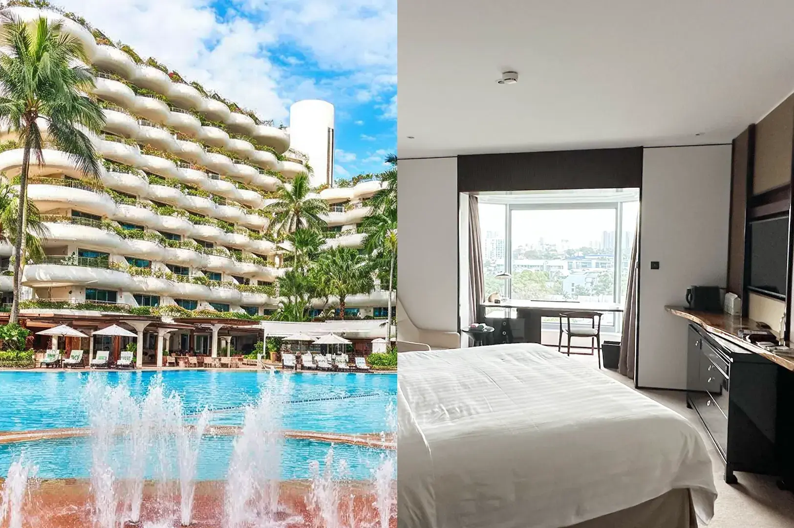 Shangri-La Hotel exterior with pool and palm trees alongside a bright room with kitchenette and city views