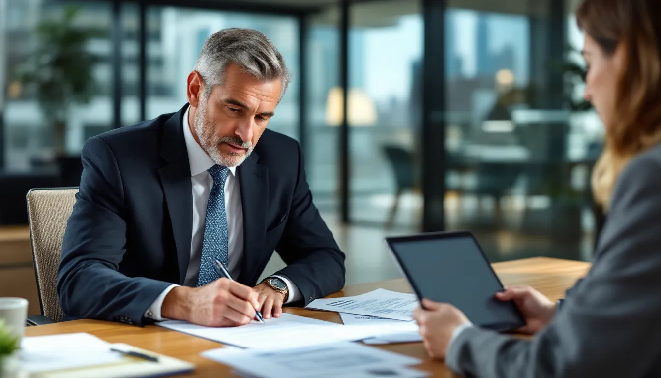 A business owner is signing insurance documents in an orderly manner, with an advisor present to provide guidance on key person insurance. This process is essential for protecting the company and its employees against potential risks, ensuring financial stability and strategic growth.
