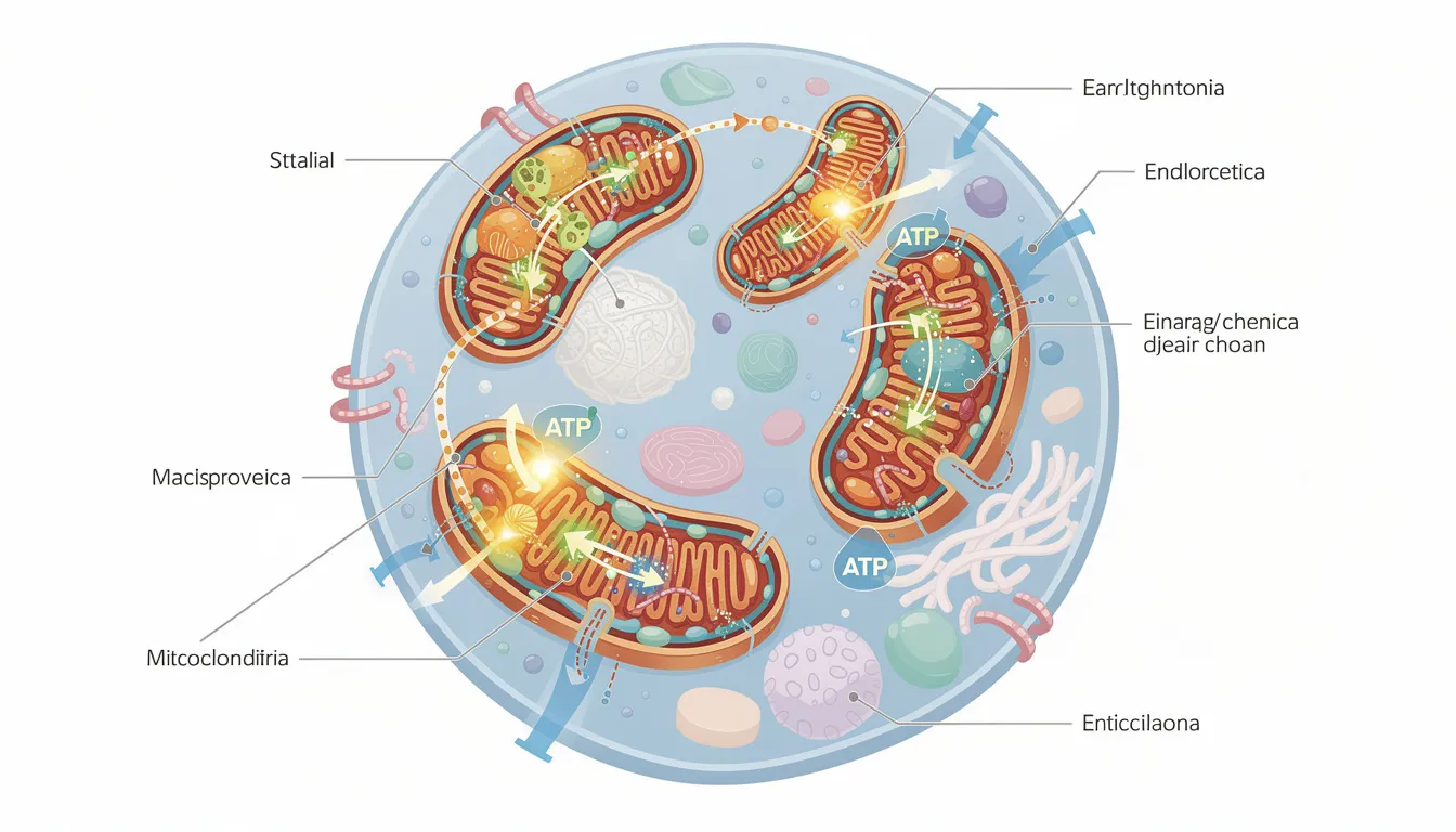The illustration depicts vibrant mitochondria within a cell, highlighting their crucial role in energy production processes essential for metabolic health. These organelles are involved in generating nicotinamide adenine dinucleotide (NAD), a naturally occurring molecule linked to various benefits, including potential anti-aging effects and improved insulin sensitivity.