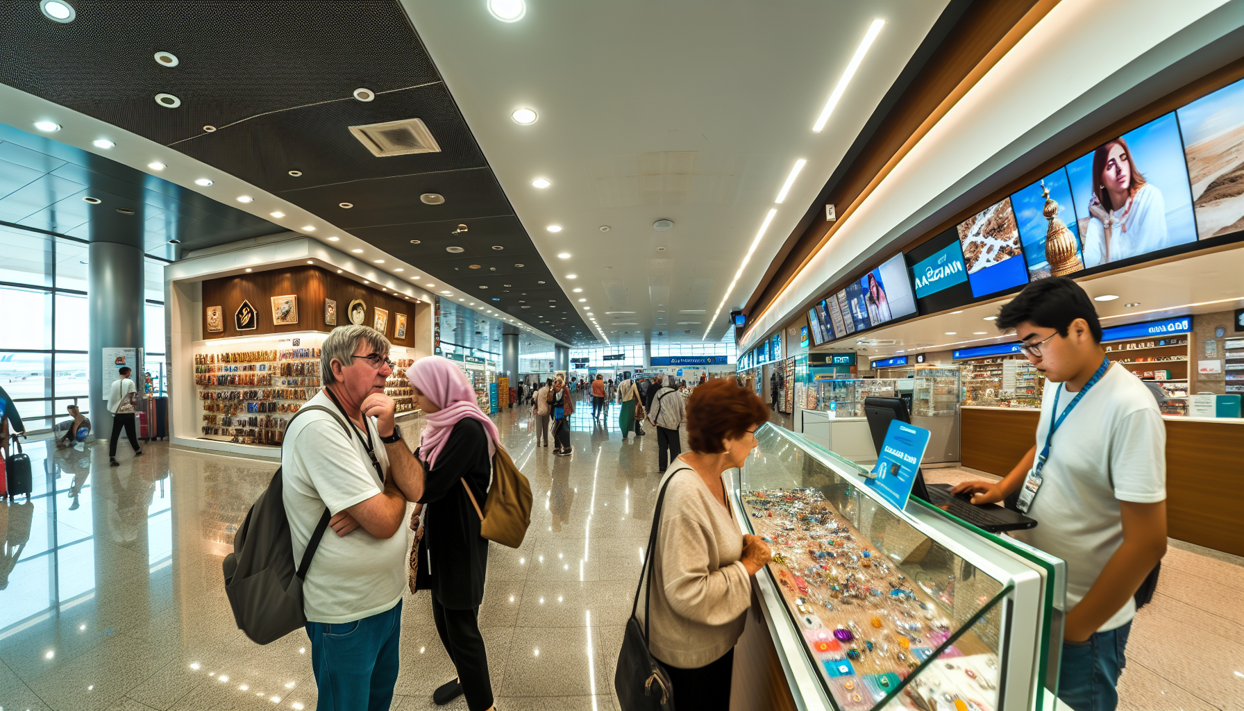 Currency exchange and retail shops near Uzbekistan Airways gates