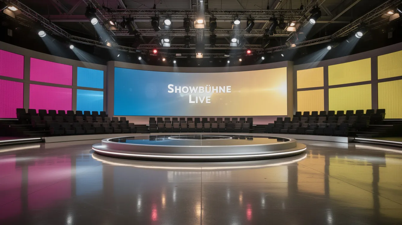 Das Bild zeigt ein Fernsehstudio mit bunten Lichtern und einer großen Showbühne im Vordergrund, während im Hintergrund die leeren Zuschauerplätze zu sehen sind. Diese Kulisse könnte die Atmosphäre einer aufregenden Musikshow widerspiegeln, in der Weltstars wie Elton John oder David Beckham auftreten könnten.