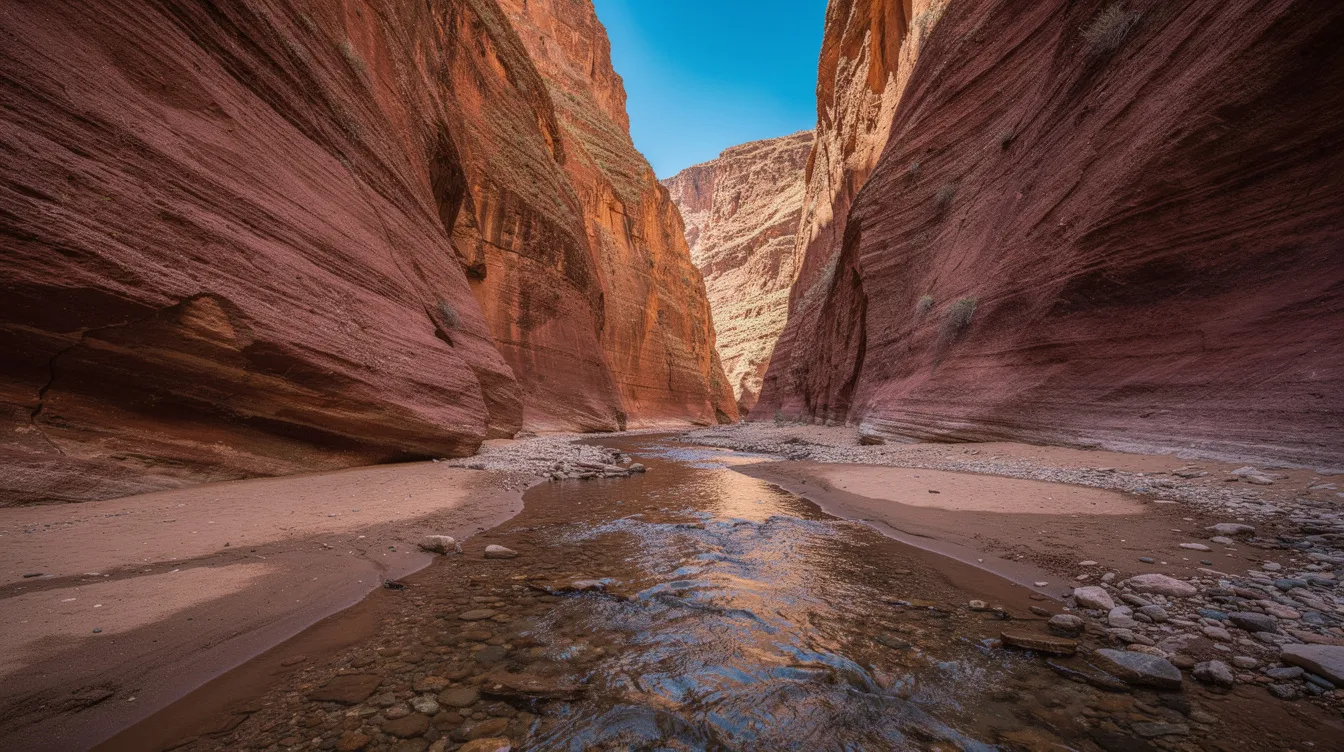 The image depicts a narrow canyon within the Atlas Mountains of Morocco, featuring towering red and tan limestone walls and a small stream meandering at the bottom, with a bright blue sky overhead. This breathtaking landscape showcases the natural beauty of the region, characterized by its striking rock formations and the serene atmosphere of the remote area.