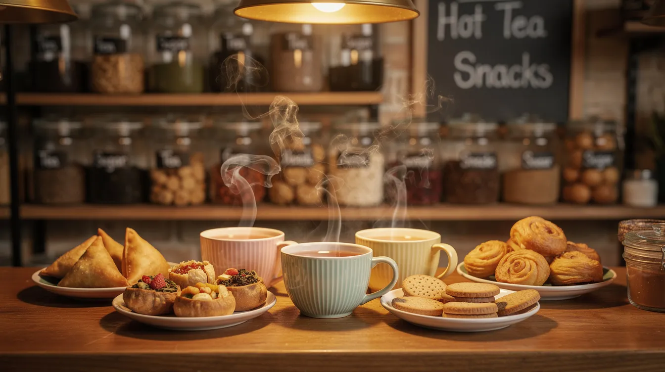The image depicts a cozy small tea and snack shop, featuring a counter filled with steaming cups of tea and an array of delicious snacks, catering to local customers. This vibrant setting reflects the spirit of small businesses, often supported by initiatives like the Mudra scheme, which helps micro enterprises access affordable credit in India.