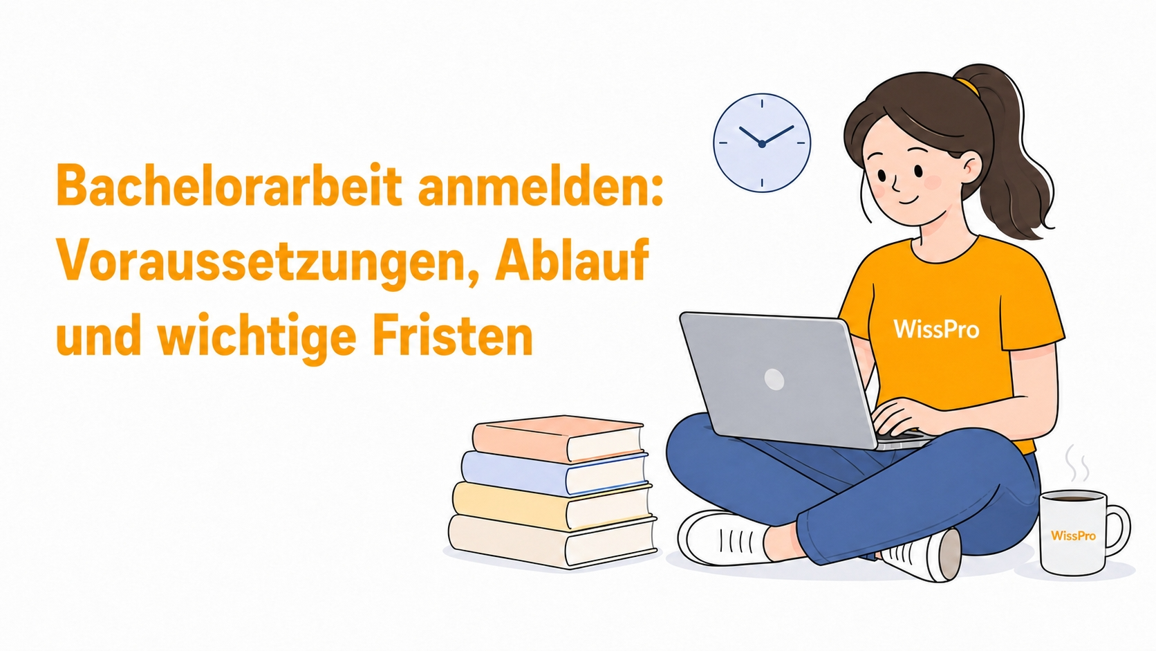 Studentin mit Laptop, Büchern und Uhr zur Anmeldung der Bachelorarbeit: Voraussetzungen, Ablauf und Fristen.