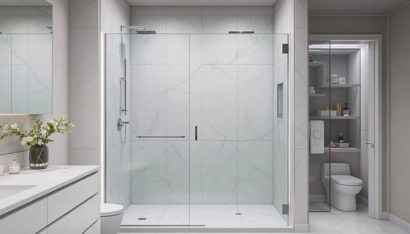 A modern walk-in shower features sleek frameless glass panels and elegant marble tiles, creating a luxurious space with clean lines. The shower floor is designed for easy access, complemented by warm hues and a spacious layout that enhances the overall bathroom design.