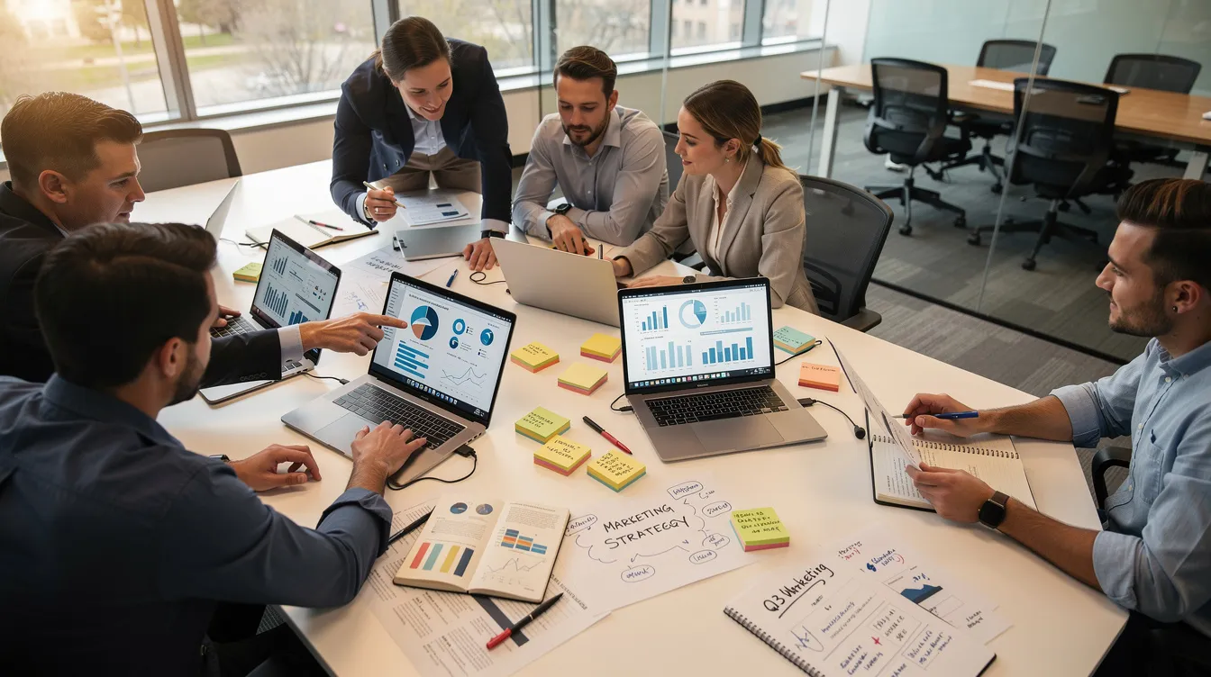 A marketing team is gathered around a conference table, reviewing laptops and notes while discussing digital marketing strategies. The atmosphere is collaborative as they focus on optimizing content and exploring generative engine optimization techniques to enhance their online visibility.