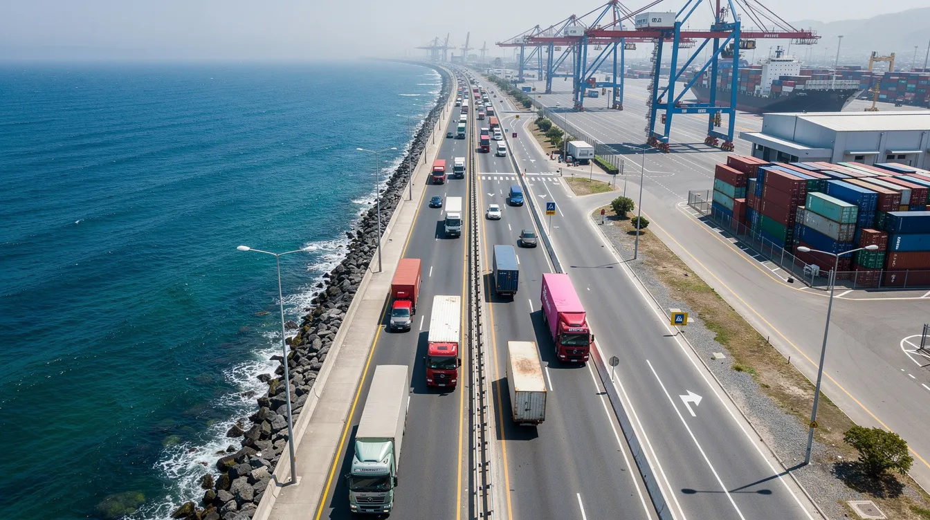 An aerial view showcases a coastal highway bustling with commercial vehicles, with port infrastructure visible in the background, highlighting the importance of safe trucking practices to prevent accidents. This scene underscores the need for experienced Galveston truck accident lawyers to assist victims in navigating legal claims and securing fair compensation for medical expenses and lost wages.