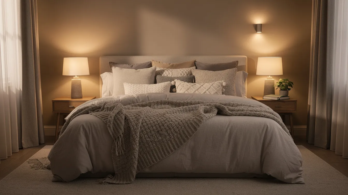 The image depicts a cosy bedroom featuring a large bed adorned with plush pillows and soft throws, illuminated by warm lighting that enhances the relaxing atmosphere. This inviting space suggests a perfect setting for a good night's sleep, ideal for those considering the comfort of a king size bed or a queen size bed for their home.
