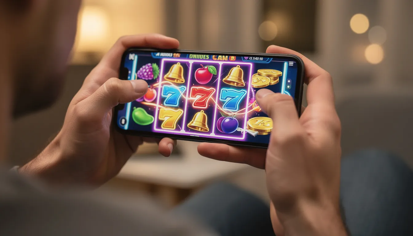 En person spelar casinospel på sin smartphone, där skärmen visar färgglada symboler som representerar olika spel, inklusive slots som "Book of Dead". Denna upplevelse kan ge nya spelare en chans att ta del av bonusar och free spins hos Mamamia Bingo.