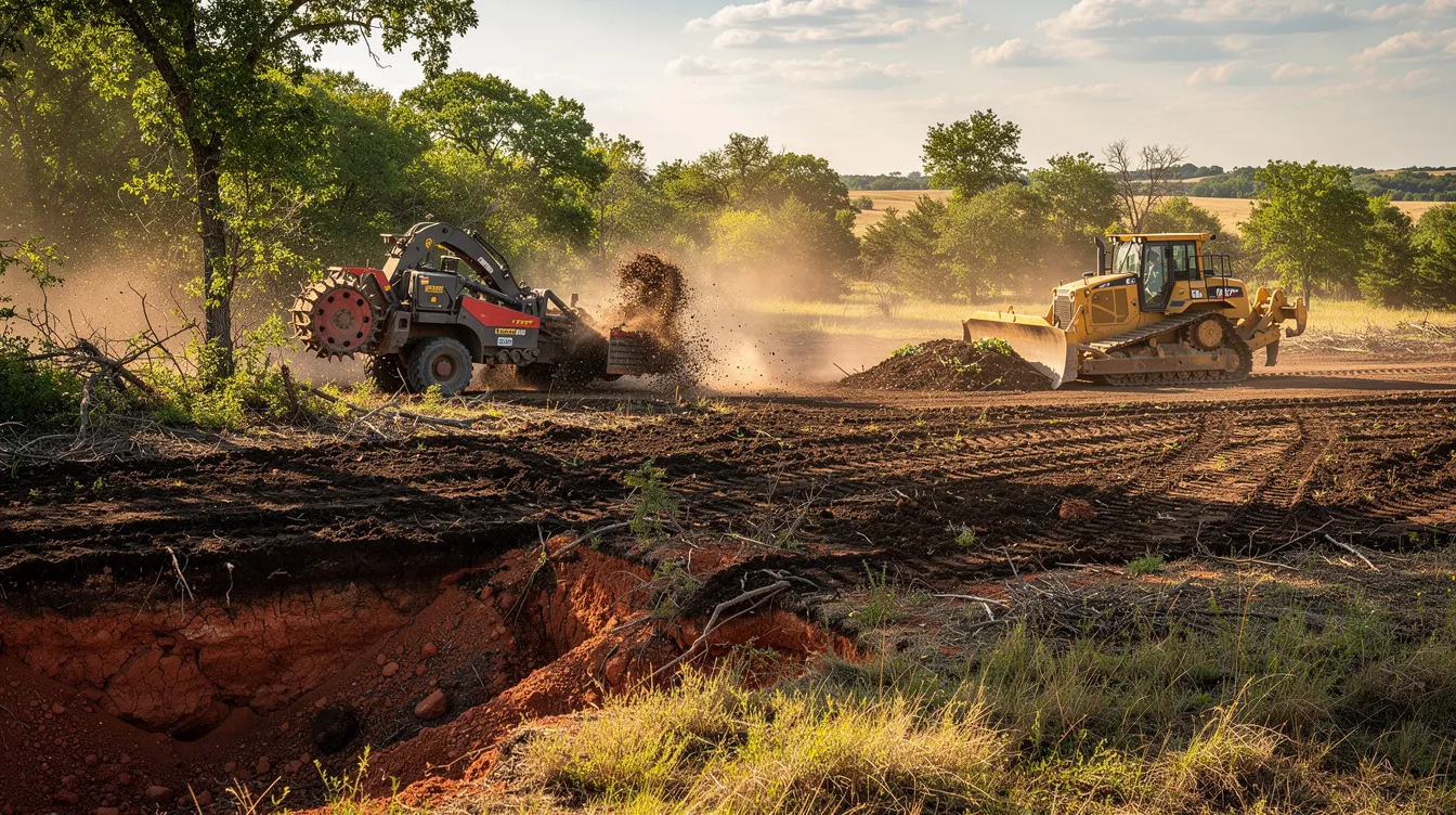 The image depicts a realistic construction scene at eye level, featuring a forestry mulcher and bulldozer actively clearing thick trees and brush on an Oklahoma acreage lot. Dust particles glisten in the warm afternoon sunlight as rich dark topsoil and red clay subsoil are separated, showcasing the transition from raw land to a prepped construction site ready for grading and development.