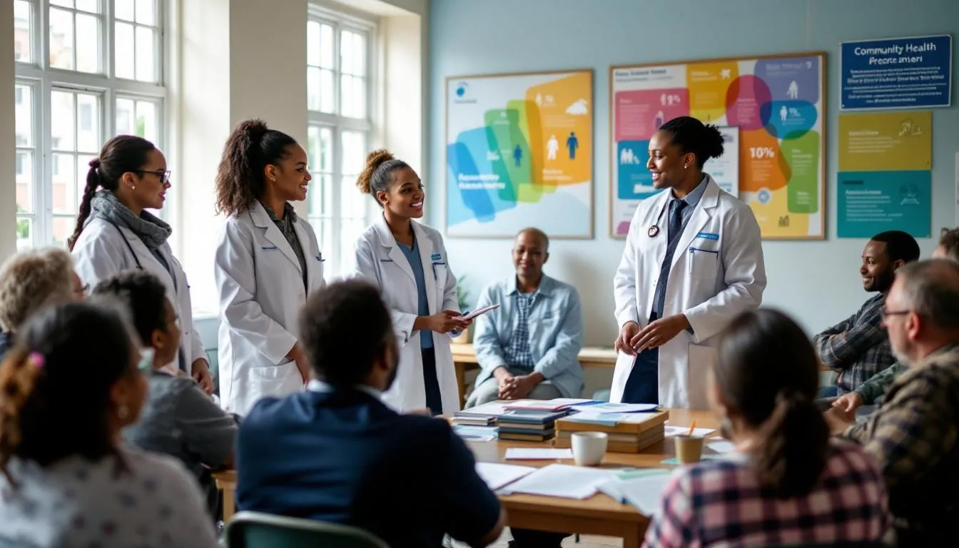 A diverse group of community members gathers in a community center, where certified health education specialists conduct an engaging educational session focused on health promotion and disease prevention. The session aims to enhance health knowledge and encourage healthy behaviors among participants, emphasizing the importance of mental and physical health in the community.