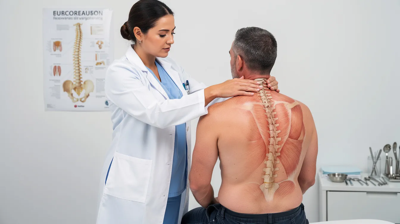 The image shows a healthcare professional carefully examining a patient's neck and spine, likely assessing for any injuries resulting from a car accident, such as soft tissue injuries or spinal cord injuries. This examination is crucial for determining the appropriate medical treatment and documenting potential claims related to a rear end collision.