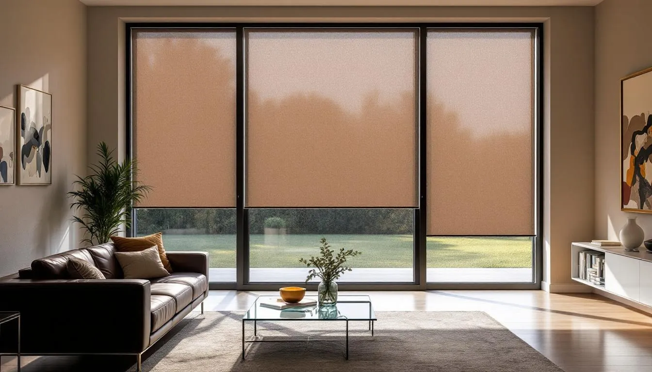 A modern living room features automated roller shades partially lowered, allowing soft natural light to filter through the fabric, creating a warm and inviting atmosphere. The smart shades can be adjusted using a remote control or voice commands, enhancing energy efficiency and comfort in the space.