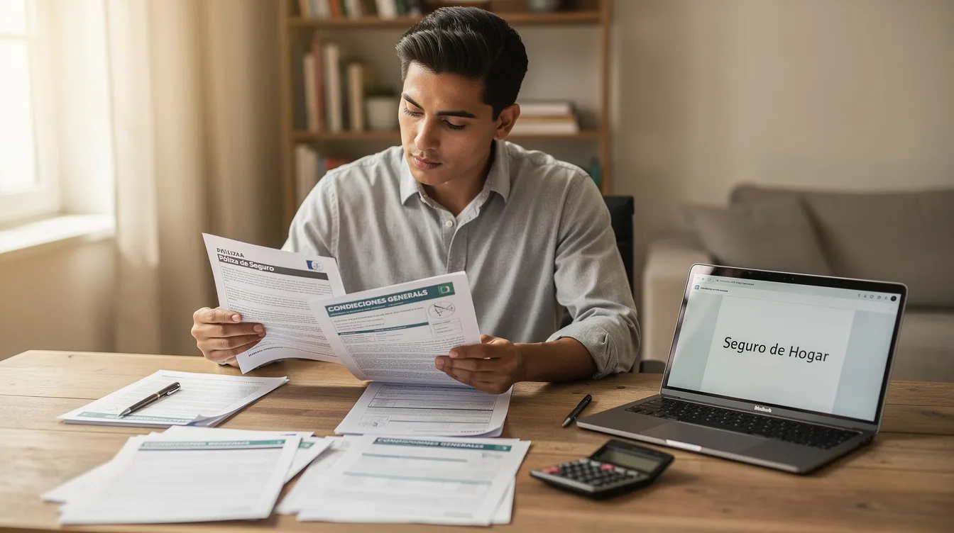 Una persona hispanohablante está revisando documentos de seguros de auto en una mesa, rodeada de papeles y una computadora portátil. La imagen refleja la atención a los detalles en la búsqueda de opciones de pólizas y tarifas para su vehículo.
