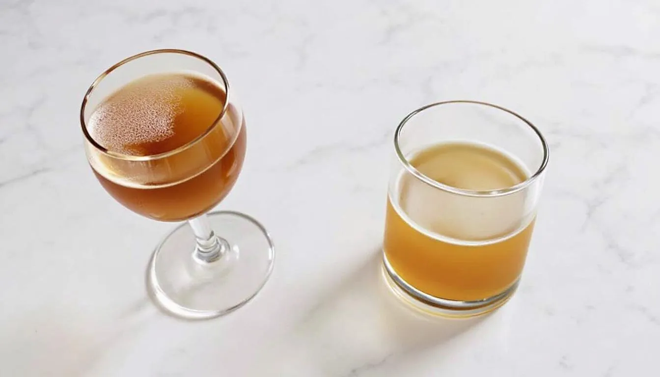 I bilden visas en jämförelse mellan två olika serveringsglas för Amaretto Sour: ett elegant coupéglas och ett lågt glas. Båda glasen är fyllda med den klassiska drinken, som innehåller amaretto, citronjuice, sockerlag och äggvita, vilket skapar en perfekt balans mellan sötma och syra.