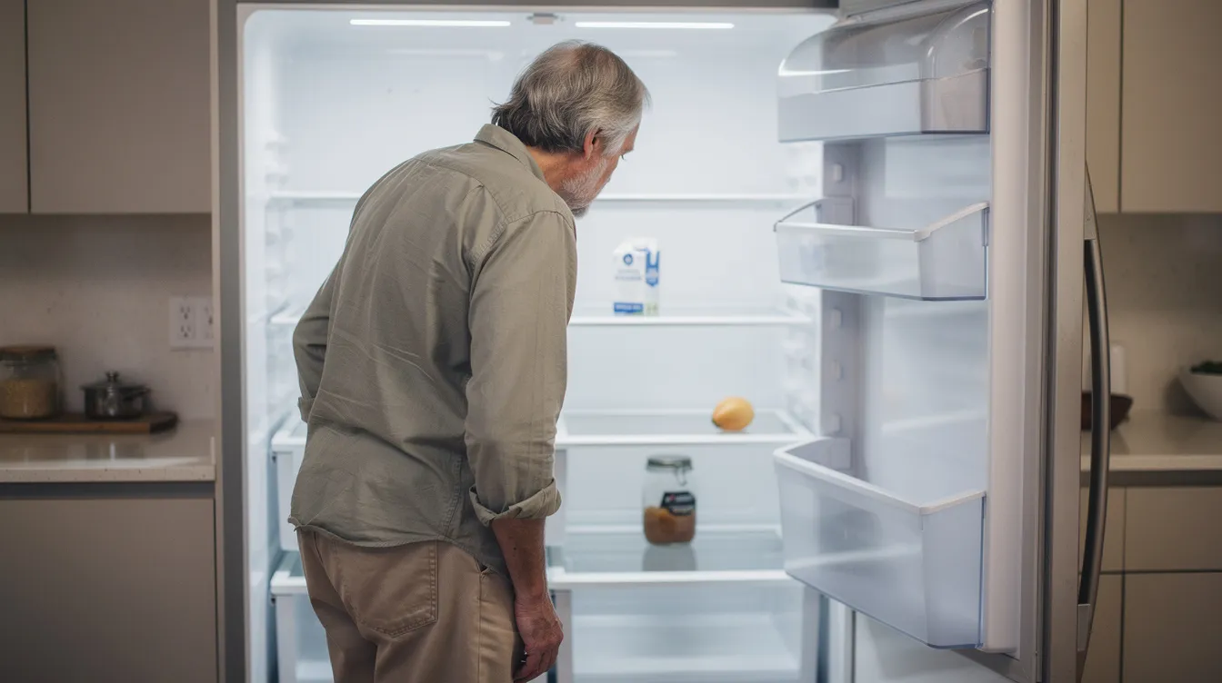 An older adult stands in a bright kitchen, peering into an open refrigerator with mostly empty shelves, reflecting the challenges of daily living and meal preparation. This scene highlights the importance of practical support and assistance for aging parents, ensuring they can live comfortably at home.