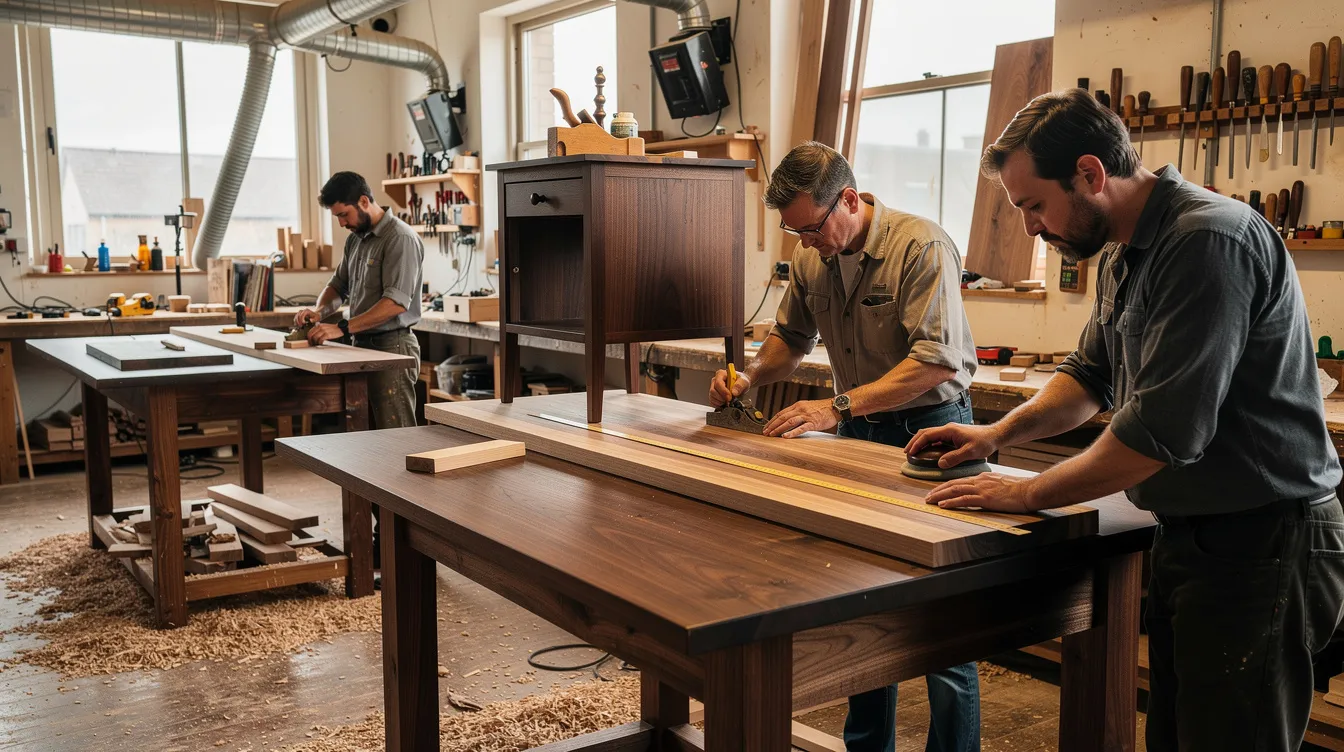 In a professional woodworking workshop, skilled carpenters are meticulously crafting custom walnut furniture pieces, showcasing their expert craftsmanship and attention to detail. This scene highlights the dedication to quality found in carpentry services in Dubai, where bespoke furniture is created to meet unique client needs.