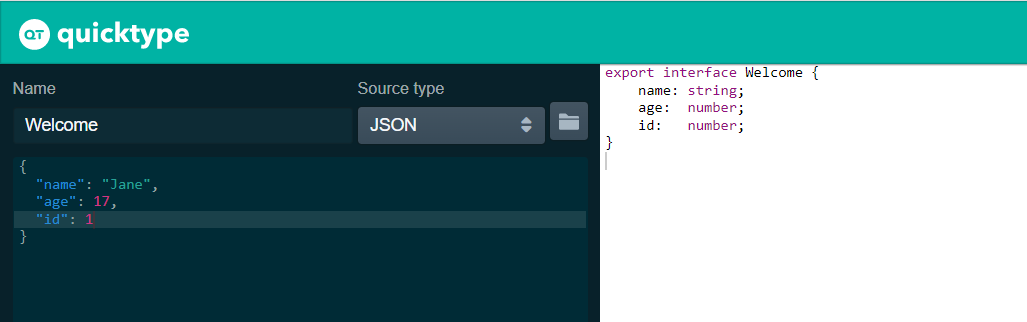 Quicktype converts our JSON object to typescript interfaces.
