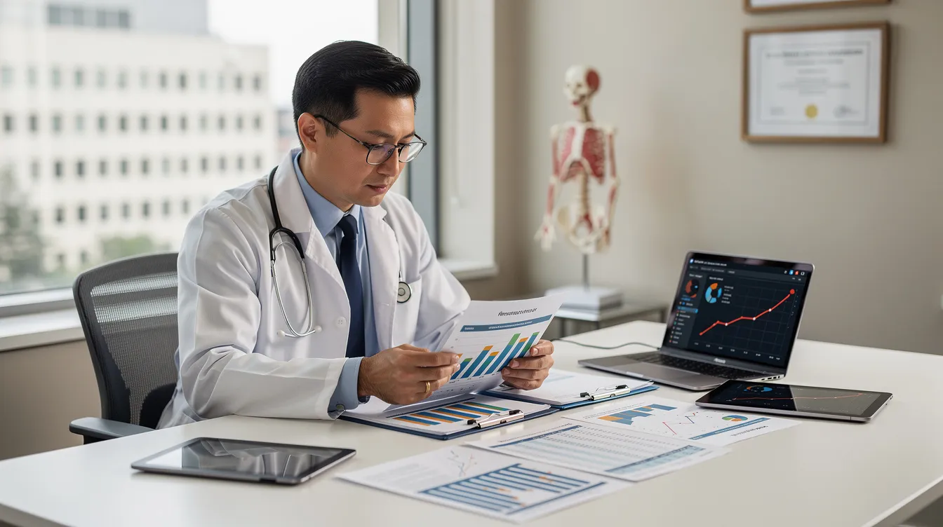 0fcc4e1b 2335 424e 9011 f0544c5f151a A medical professional is seated at a desk, intently reviewing financial reports and charts that detail the costs and revenue associated with a new diagnostic center specializing in imaging services like CT scans and MRI. The environment reflects a focus on improving healthcare delivery and patient care through efficient budgeting and strategic planning for advanced imaging equipment.