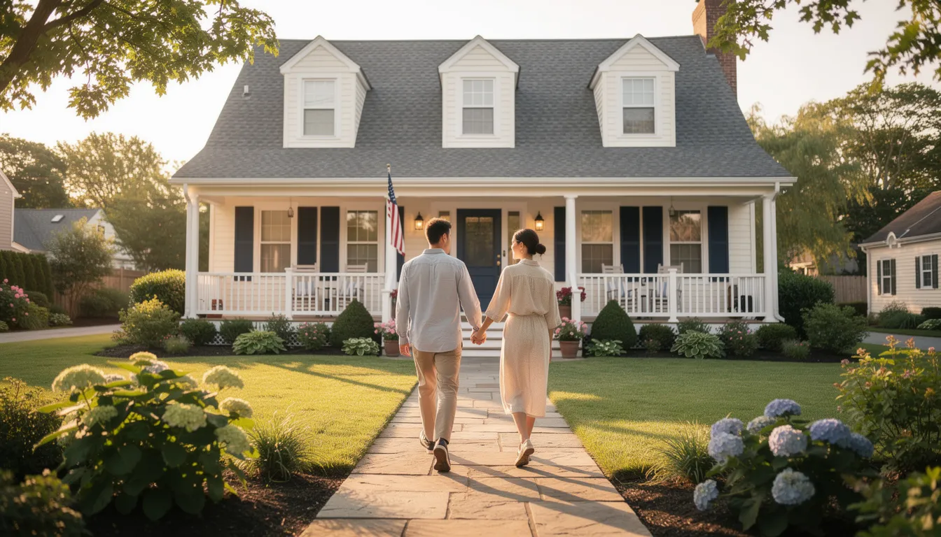 A young couple walks hand-in-hand towards a charming New England style home featuring a welcoming front porch, embodying the picturesque lifestyle of the Connecticut shoreline. This scene captures the essence of home buying in Madison, CT, where trust and confidence in a real estate agent can lead to making the right choice for your future.