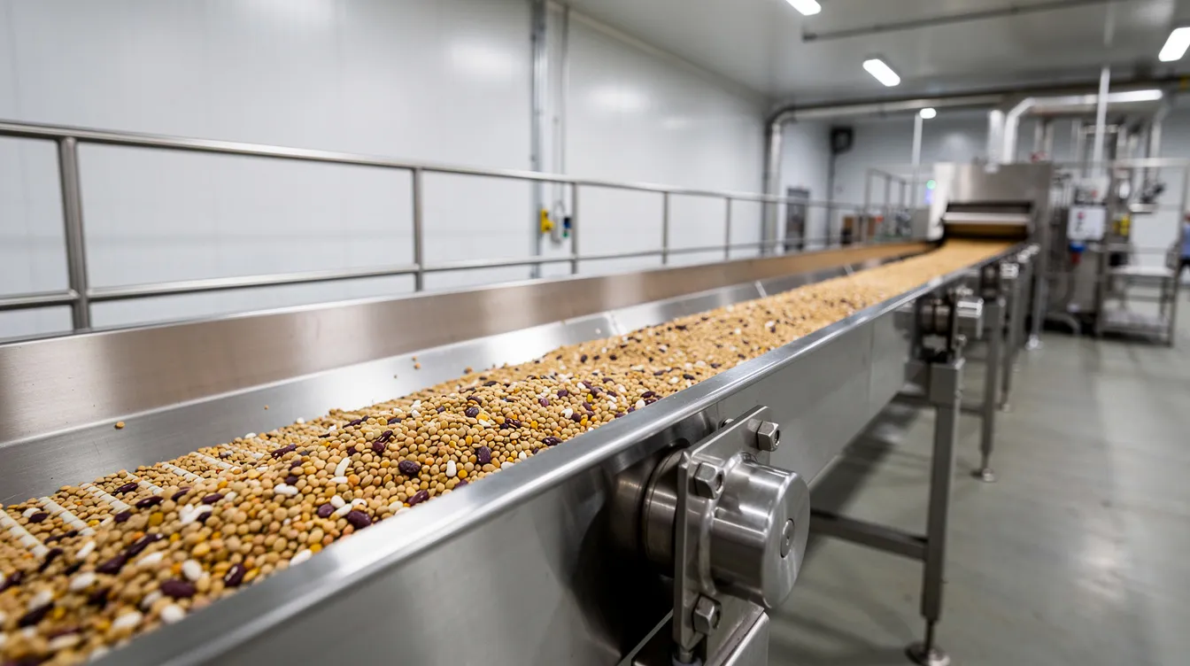The image depicts an industrial conveyor system within a modern food processing plant, where cleaned pulses and other grains are moving through specialized machinery designed for high grading quality. The system efficiently removes impurities, such as stones and foreign materials, ensuring a clean flow of various food grains like rice, wheat, and pulses.