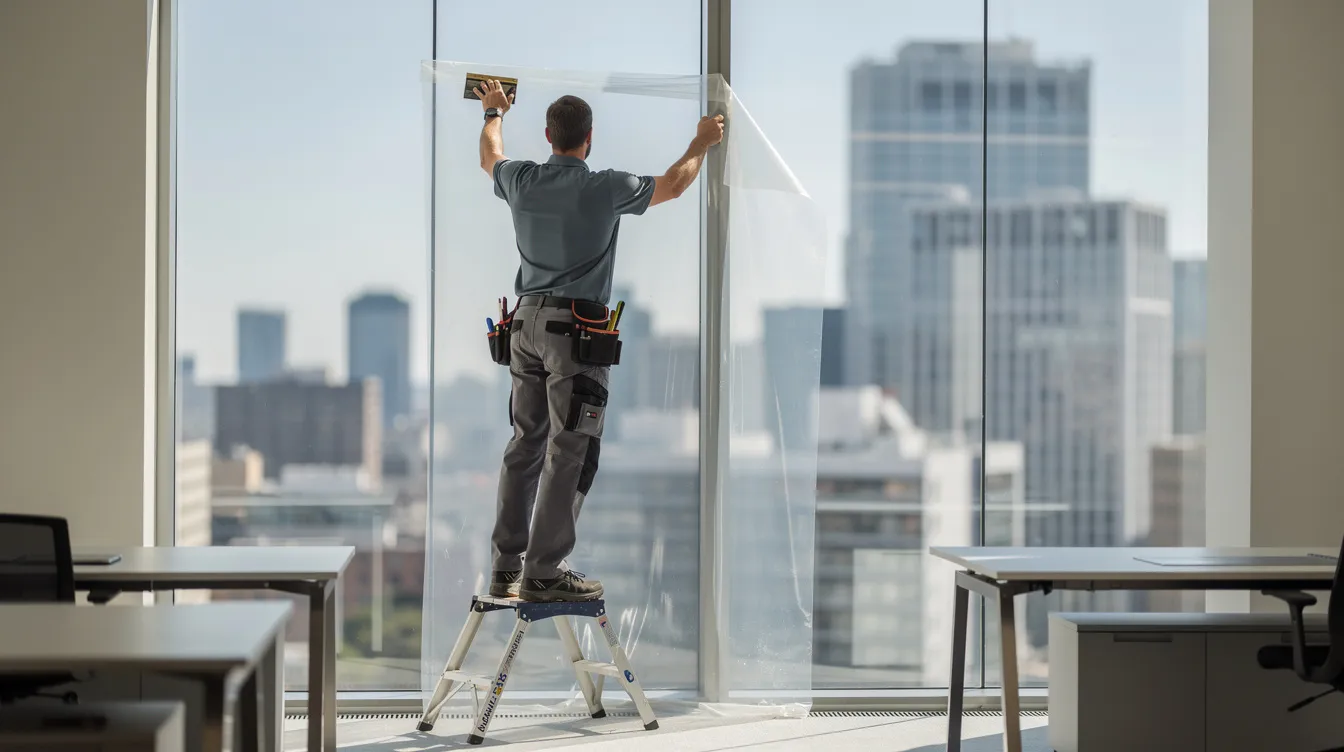 A professional installer is on a short ladder applying clear window film to a large office window, providing protection against harmful UV rays and enhancing energy efficiency. In the background, the city skyline is visible, showcasing the commercial property where the installation is taking place.